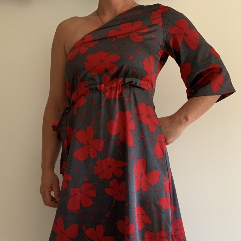Skylar Red/Dark Grey Floral One-arm Satin Dress with Tie Waist